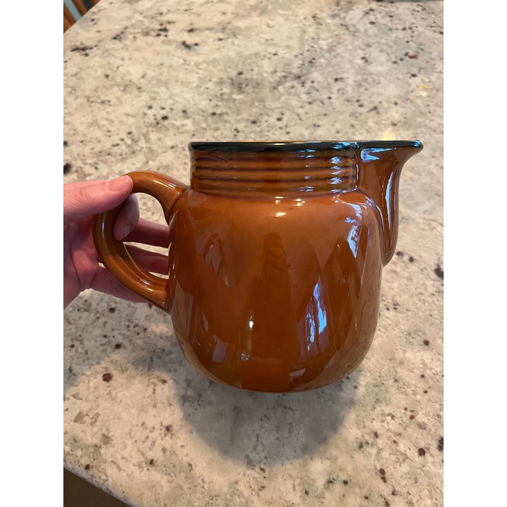 Vintage Burnt Orange Ceramic Pitcher with Ice Lip and Ribbed Neck Accent